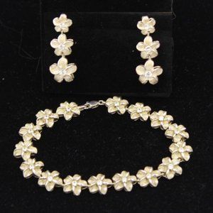 HAWAIIAN PLUMERIA FLOWER CZ BRACELET AND EARRINGS